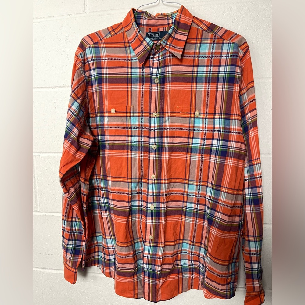 Polo Ralph Lauren Plaid Button Down Shirt XL Long Sleeve Orange Multi-Color